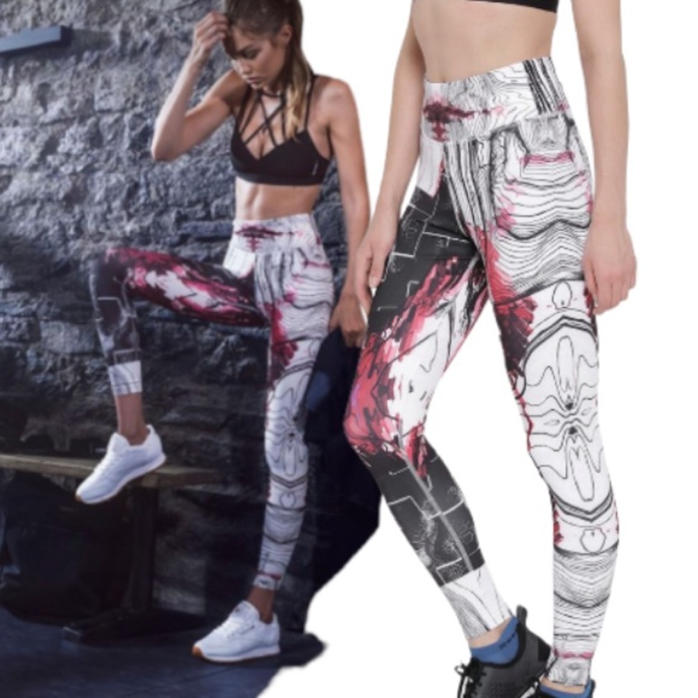 Reebok White and Charcoal Grey S LUX Printed Studio Tights Size Large